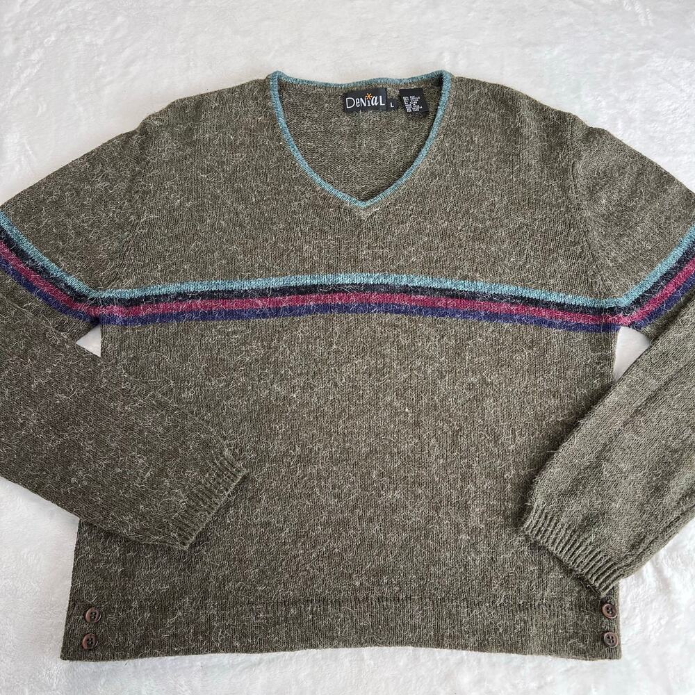 Denial Y2K Vintage V-Neck Green Stripe Sweater Silk Blend Women's size Large